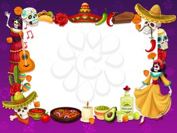 Dia de los Muertos frame with Mexican holiday symbols. Vector calavera skull, burritos, flowers and sombrero hat, chili pepper and coffin. Dancing dead woman and tequila, guitar, maracas and avocado