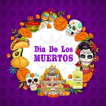 Day of Dead or Dia de los Muertos Mexican holiday symbols on calavera skull and marigold flower pattern background. Vector Day of Dead altar with photos and candles, tequila and traditional food
