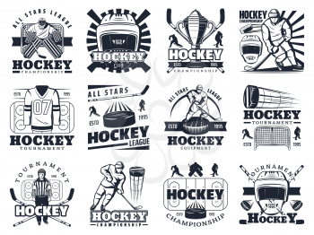 Ice hockey team club emblems and tournament championship cup icons. Vector ice hockey puck, stick and goalkeeper mask, professional equipment and outfit store, winner league stars badge