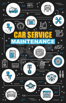 Car service maintenance, mechanic diagnostics and vehicle check-up. Vector car service station, engine oil change, garage repair lift or wheel tire pumping and spare parts replacement