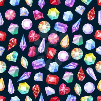 Gemstones seamless pattern of gem jewels, diamonds and jewelry precious stones. Vector background of ruby, sapphire crystal and emerald, opal and amethyst rhinestones, topaz and quartz gems