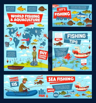 Fishing, aquaculture and fisher license infographic with world map. Vector graphs, charts of fish catch in sea, ocean and lake, fisherman tackles and baits, squid and crab, tuna and salmon