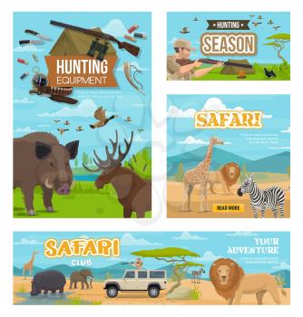 African safari hunt, hunting open season, wild animals and birds. Vector hunter equipment, rifles and traps, elk, boar and deer antlers trophy, elephant, lion or zebra and hippo hunt