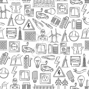 Electric power, electricity and energy generation seamless pattern. Vector background of electrician, equipment, light bulb or electricity socket, electro car and solar battery pattern