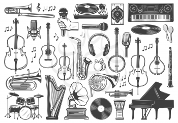Musical instrument icons, jazz and orchestra music. Vector recording studio synthesizer equipment, piano, guitar and drums, violin, saxophone, vinyl record gramophone, tuba and horn, clarinet and harp