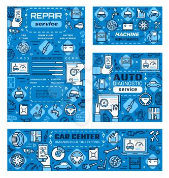 Car service, auto mechanic repair, maintenance and diagnostics station. Vector illustration of engine oil replacement, wheel tire fitting, brakes restoration and car wash service