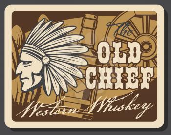 Western whiskey bar, old American pub and cowboy drink saloon vintage poster. Vector Indian chief in indigenous headdress of eagle feathers, whiskey bottle, cactus and Texas chariot carriage