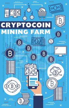 Cryptocurrency bitcoins mining and digital money exchange blockchain technology. Vector crypto currency ico, computer cloud network and bit coin payment, online bank transaction and bitcoin wallet