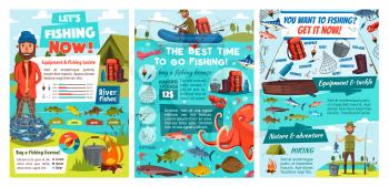 Sea fishing infographic, tackles and fish catch lures, fisher equipment rods and nets with diagrams. Vector fishing sport and fishery industry charts and fishing license information statistics