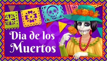 Day of the Dead Catrina Calavera with marigold flower, Dia de los Muertos paper flag garland and bunting with skull and floral cutting. Vector greeting banner in frame of hispanic geometric ornaments