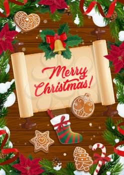 Christmas tree wreath with old scroll and greeting wishes on wooden background vector greeting card. Pine and holly branches with Xmas bell, stocking and candy, ribbons, gingerbread and poinsettia