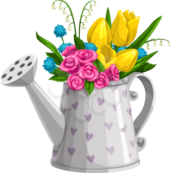 Springtime roses, tulips, may-lily and forget-me-nots flowers in watering can. Isolated vector spring bouquet