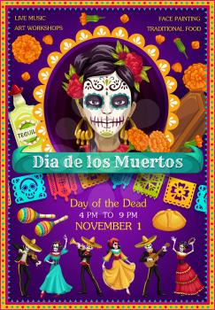 Day of the Dead Catrina with dancing skeletons vector design. Mexican Dia de los Muertos sugar skull, marigold flowers and tequila, musical festival guitar, sombrero and maracas, bread and coffin