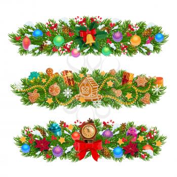 Christmas tree and holly garlands with Xmas gifts, bell, gingerbread and clock, New Year winter holiday border vector design. Pine branches, balls and candy, snowflake, star, ribbon bow and poinsettia