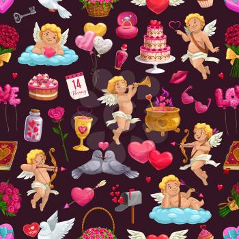 Valentines day seamless pattern with cupids, doves and flower bouquets. Vector love mail, broken heart and cauldron with elixir. Book of love spells, cake and calendar, February 14 date, key and lips