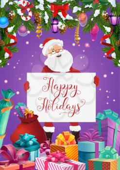 Santa with Happy Christmas Holidays greeting card in frame of Xmas gifts. Vector New Year present boxes, ribbons, bows and snow, pine and fir branches with balls, candy cane, lights and snowflake