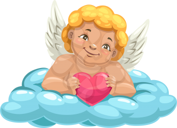 Winged Cupid boy, heart in hands, isolated on cloud. Vector cartoon Amur, heaven angel