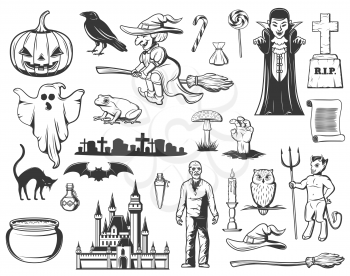 Halloween sketches with vector horror ghost, pumpkin and witch, Dracula vampire, bat and black cat, owl, trick or treat candies and zombie, graveyard, gravestone, haunted house. Horror holiday design