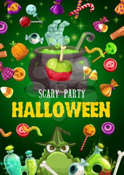 Halloween trick or treat candies vector design of horror night party invitation. Pumpkin, skull and eyeball shaped sweets, chocolate, jellies and gummy worms, potion bottles, cauldron and zombie hand