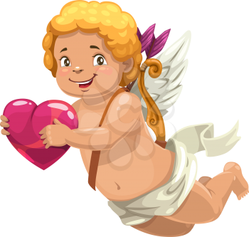 Romantic amur with bows and arrows on back isolated. Vector Cupid holds heart in hands