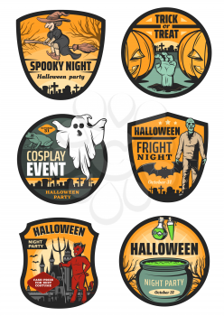 Halloween monster badges of horror night party vector design. Spooky ghost, pumpkin and witch with broom, bat, zombie and devil demon, potion cauldron, graveyard, haunted house and gravestone icons
