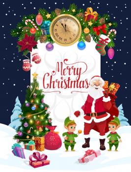 Santa Claus and elves with Christmas tree, gifts and greeting card. Vector garland with New Year midnight clock, presents and ribbon bow, stocking, balls and bell, candy, star and festive lights