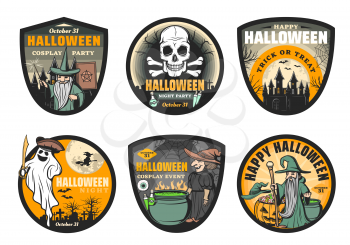 Halloween ghost and monsters vector badges. Horror pumpkin, skeleton skull and witch, moon, bats and spiders, wizard, haunted house and graveyard with potion cauldron, spellbook and black magic wand