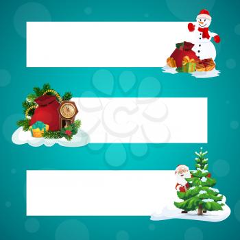 Christmas banners with New Year winter holidays gifts and copy space vector design. Santa Claus, Xmas tree and presents, snowman, pine and holly berry, red bag and midnight clock