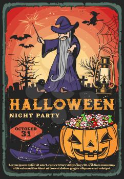Halloween night party pumpkin full of trick or treat candies. Vector graveyard with evil wizard, witch, black magic wand and bats, spider net, gravestones and creepy trees retro invitation design