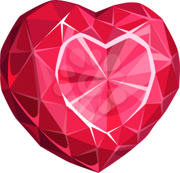 Red gem in shape of heart isolated precious stone. Vector ruby gemstone, diamond jewelry