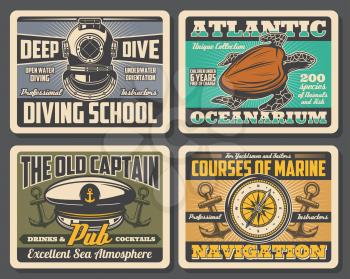 Nautical vintage posters with marine anchor and compass symbols. Vector ocean adventure aqualung diving school, underwater oceanarium journey and captain pub or ship sail navigation courses