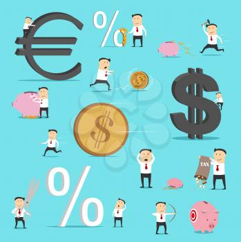 Businessman situations, business metaphor icons. Vector office manager character with euro and dollar money income, aim on piggy bank investment savings, percent decrease, tax growth and crisis loss