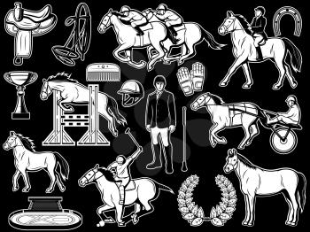 Equine sport equipment, equestrian horse riding items. Vector isolated polo jockey outfit gloves, whip and helmet, horse racing cart and championship victory cup, equine saddle harness and horseshoe
