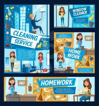 House cleaning and needlework or dish washing service, office windows cleaning, professional rope access. Vector home laundry washing, floor mopping and sewing repair, housekeeping service staff