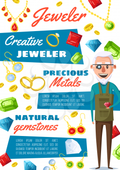 Jeweler professional worker and jewelry bijou gemstones appraiser. Vector jewelry goldsmith repair expert with gems, golden rings and necklaces, diamond earring and ruby pendant, sapphire and emerald