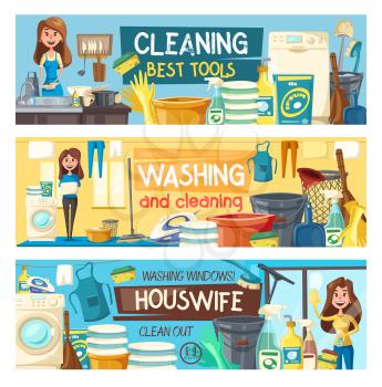 Home cleaning and housewife service banners. Vector house laundry, dishwashing or floor mopping and clean kitchen service, professional housekeeping, clothing ironing and windows washing