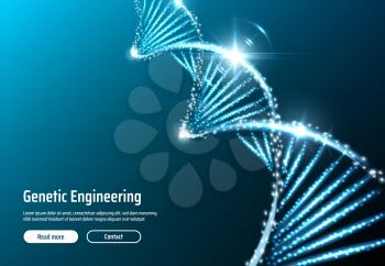 Genetic engineering glittering DNA structure web application or web page template. Vector RNA helix, chromosome cell molecule, genetics molecular chain. Gene therapy, scientific genome innovations