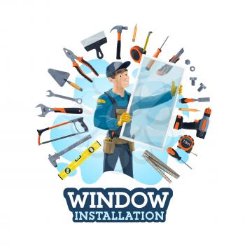 Window installer profession, work tools, installation of windows at homes, offices. Vector instruments, measure and handsaw, electric drill, hammer and spatula. Carpenter worker install glass frames