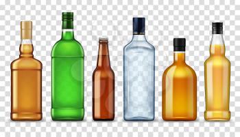Bottles of high spirit alcohol drinks isolated on transparent. Vector vodka, craft beer and brandy, gin and wine. Tequila and cognac, liqueur and rum. Elite spirits, scotch and bourbon whiskey