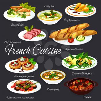 French cuisine baguette, served with meat and vegetable dishes vector design. Frog legs, cheese herb salad and cream soup, beef and pork stews, broccoli quiche, potato pancakes and quail bean salad