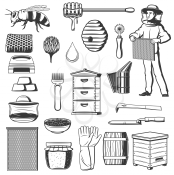 Beekeeping and honey production apiary isolated monochrome icons. Vector bee and beehive, dipper and beekeeper in protective cloth. Honeycomb and gloves, propolis and apiarist tools, barrel with honey