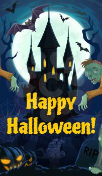 Moonlight and spooky castle at Halloween night. Vector cemetery or graveyard, zombies walking among gravestones, Jack lanterns or pumpkins on tombs. RIP and dead hand, cobwebs and bats on graves