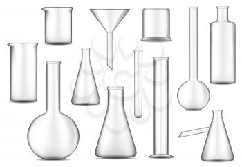 Lab glass vector design of chemical laboratory test tubes, flasks and beakers. Glassware equipment 3d illustration of chemistry, biology, medicine and pharmacy research technology, scientist tools