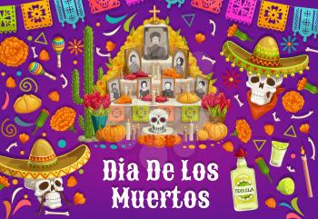 Day of Dead in Mexico, altar with photos of gone people. Vector Dia de los Muertos Mexican national holiday, skulls in sombrero hat, tequila and maracas. Food and drinks, cactus and burning candle