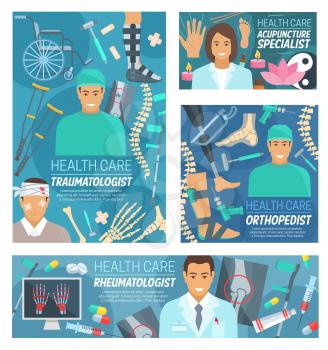 Traumatology, rheumatology, orthopedic surgery and acupuncture medicine doctors vector banners. Traumatologist, rheumatologist, orthopedist and acupuncturist medical hospital staff with instruments