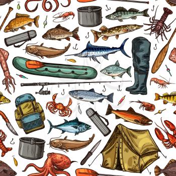 Fishing sport seamless pattern background with vector fish, fisherman tackle and tourist equipment. Fishing rod, boat and hook, blue marlin, salmon and tuna, bait lure and tent, paddle and backpack