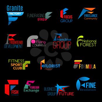 F letter icons of fundraising or franchise group, freelance business community and fish company. Vector corporate identity F symbols of industrial factory, fishery and eco park