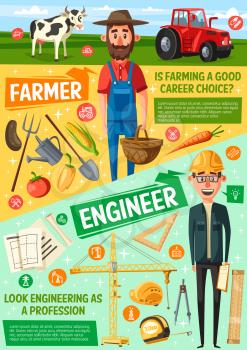 Building engineer and farmer profession of construction engineering and agriculture industry vector design. Architect and farm worker with tractor, helmet and drawings, cow, vegetable, spade and ruler