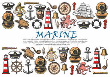 Marine ship, nautical anchor, helm and vintage compass vector banner. Sailing boat, sea captain and retro diver helmet, lighthouse, spyglass and lifebuoy ring, bell, octopus and turtle sketches