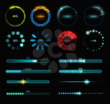 Loading process and status bar icons, HUD interface. Vector Sci Fi digital futuristic elements for dashboard, technology style neon glowing ui navigation for game menu design or web site data load